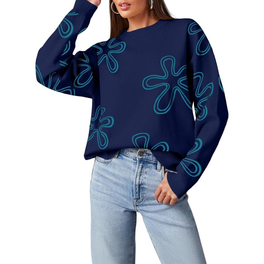 Comfortable Loose Fit Floral Knit Sweater for Women, Crew Neck, Machine Washable
